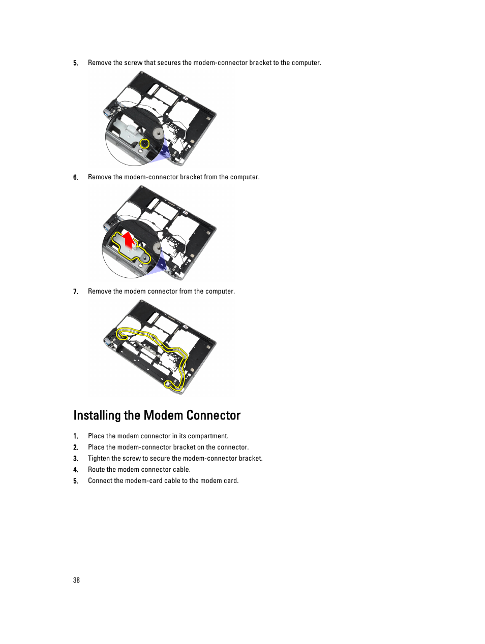 Installing the modem connector | Dell Latitude E6430 (Mid 2012) User Manual | Page 38 / 87