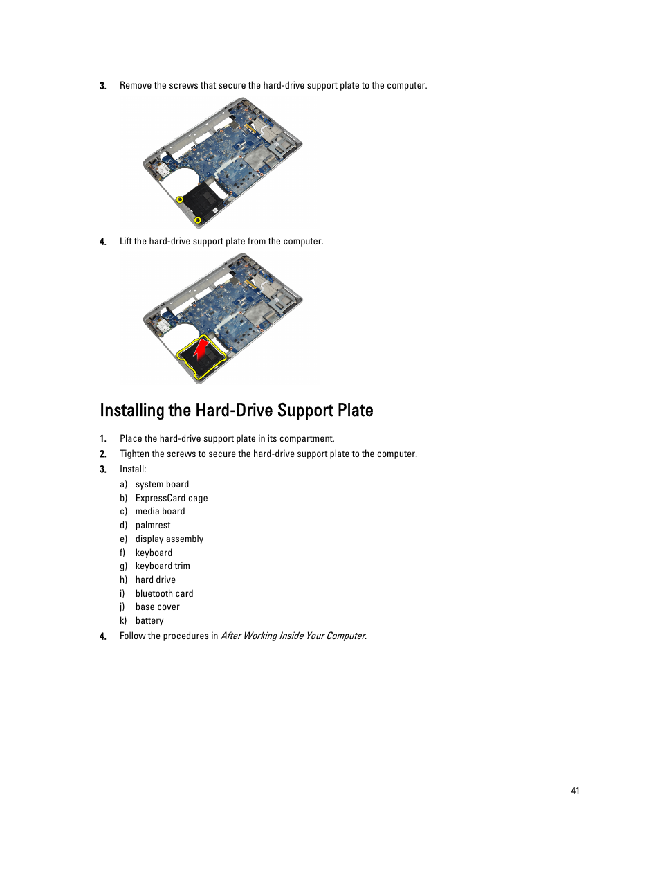 Installing the hard-drive support plate | Dell Latitude E6430 (Mid 2012) User Manual | Page 41 / 87