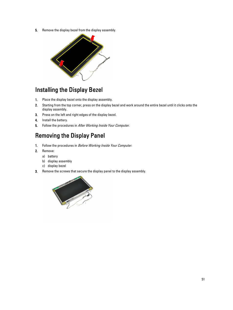 Installing the display bezel, Removing the display panel | Dell Latitude E6430 (Mid 2012) User Manual | Page 51 / 87