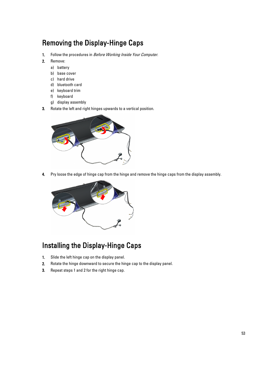 Removing the display-hinge caps, Installing the display-hinge caps | Dell Latitude E6430 (Mid 2012) User Manual | Page 53 / 87