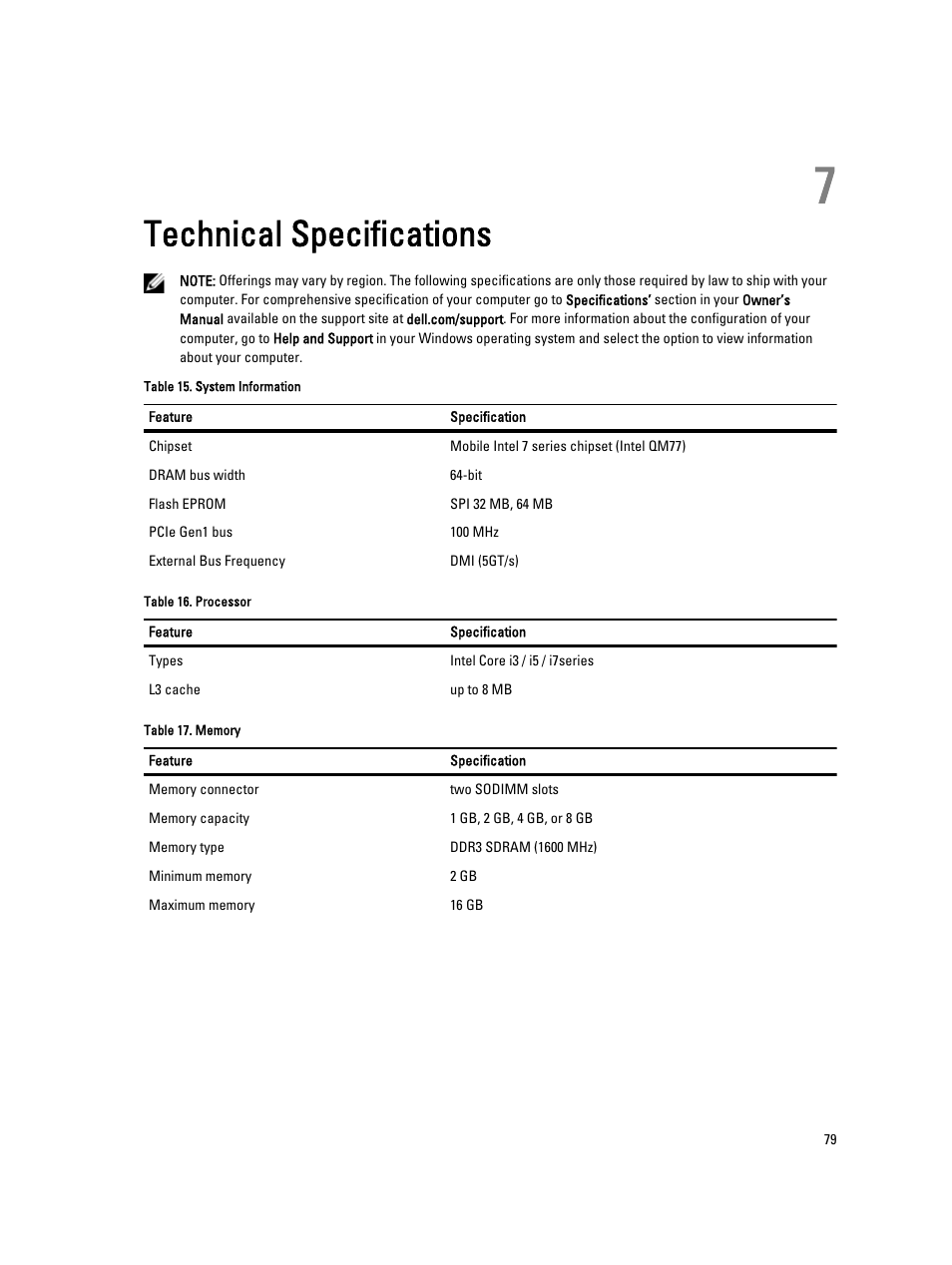 Technical specifications, 7 technical specifications | Dell Latitude E6430 (Mid 2012) User Manual | Page 79 / 87