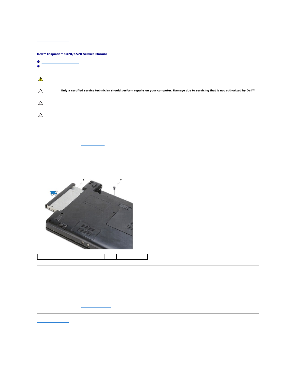 Optical drive, Removing the optical drive, Replacing the optical drive | Dell Inspiron 15z (1570, Mid 2009) User Manual | Page 30 / 45