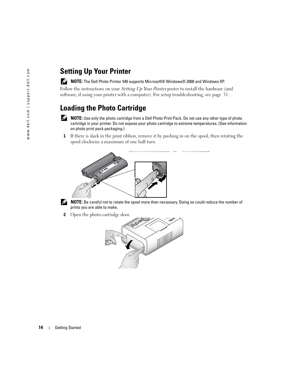 Setting up your printer, Loading the photo cartridge | Dell 540 Photo Printer User Manual | Page 14 / 76