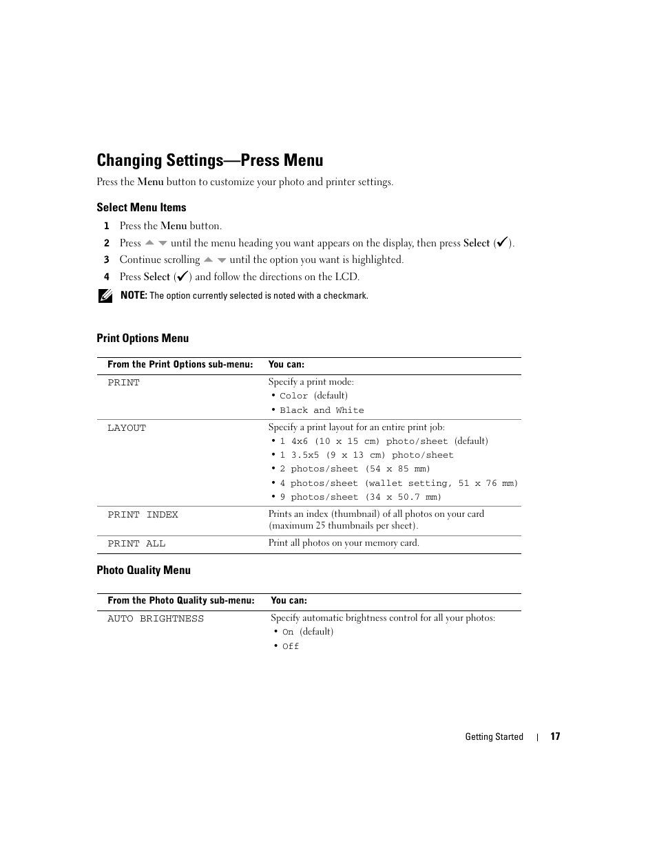 Changing settings-press menu, Select menu items, Print options menu | Photo quality menu, Changing settings—press menu | Dell 540 Photo Printer User Manual | Page 17 / 76