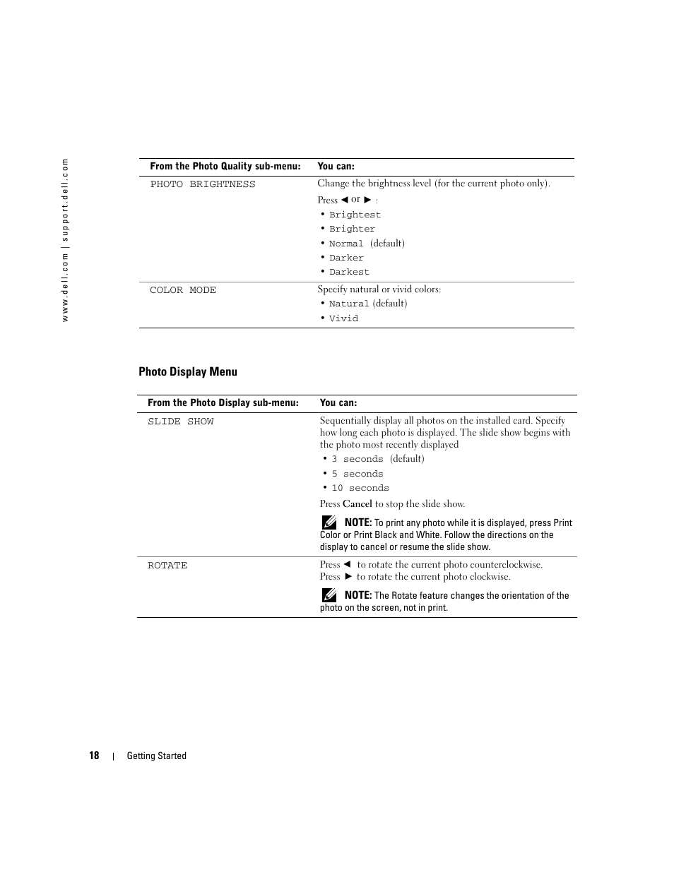 Photo display menu | Dell 540 Photo Printer User Manual | Page 18 / 76