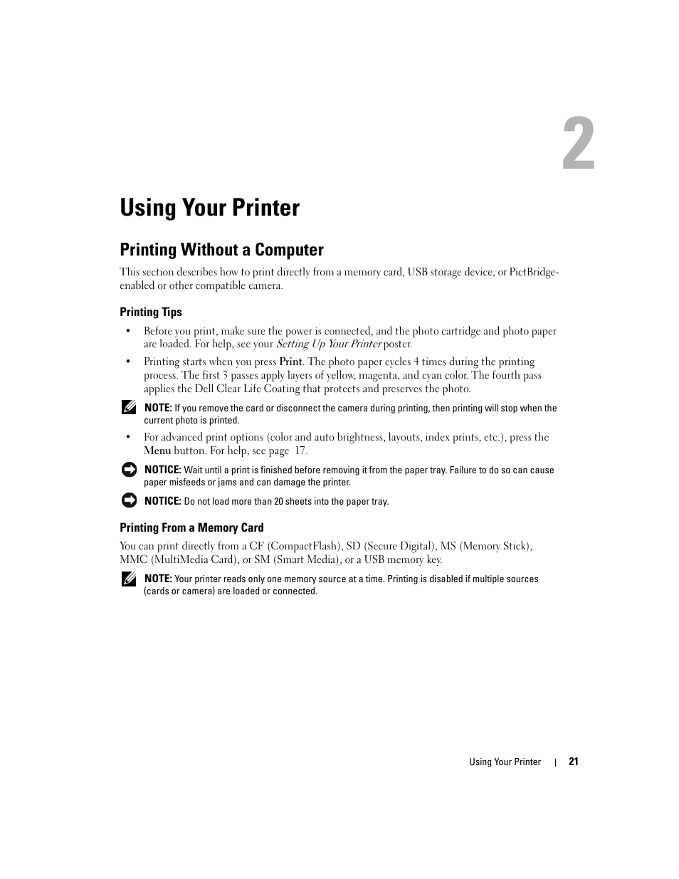 Using your printer, Printing without a computer, Printing tips | Printing from a memory card | Dell 540 Photo Printer User Manual | Page 21 / 76