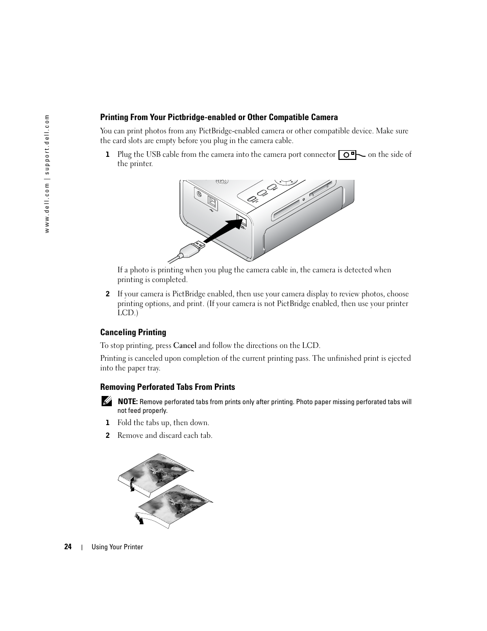 Canceling printing, Removing perforated tabs from prints | Dell 540 Photo Printer User Manual | Page 24 / 76