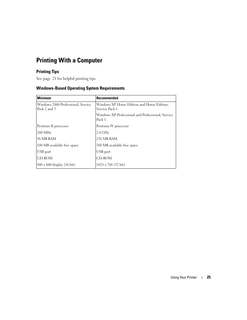 Printing with a computer, Printing tips, Windows-based operating system requirements | Dell 540 Photo Printer User Manual | Page 25 / 76