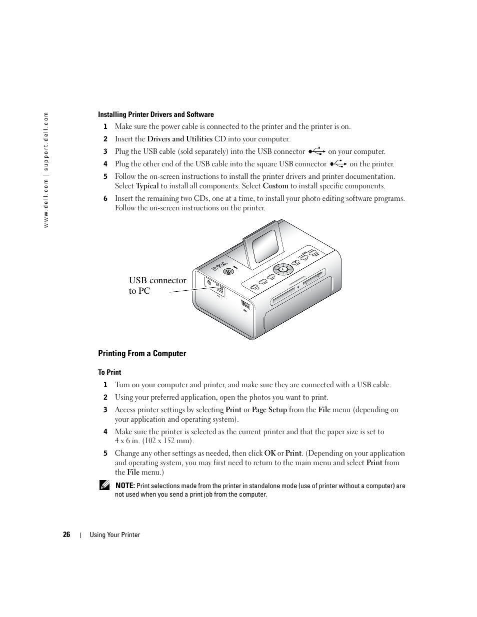 Printing from a computer, Usb connector to pc | Dell 540 Photo Printer User Manual | Page 26 / 76