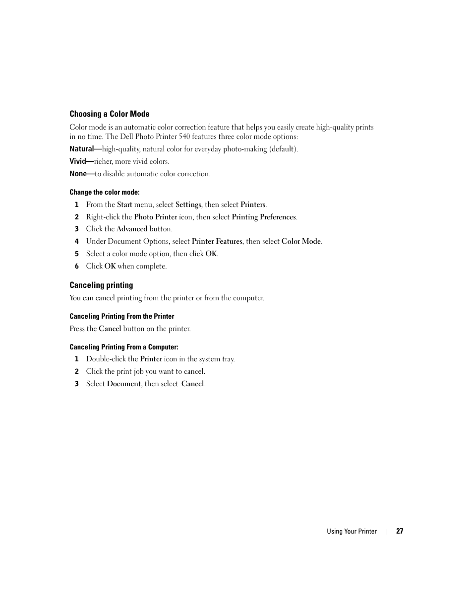 Choosing a color mode, Canceling printing | Dell 540 Photo Printer User Manual | Page 27 / 76