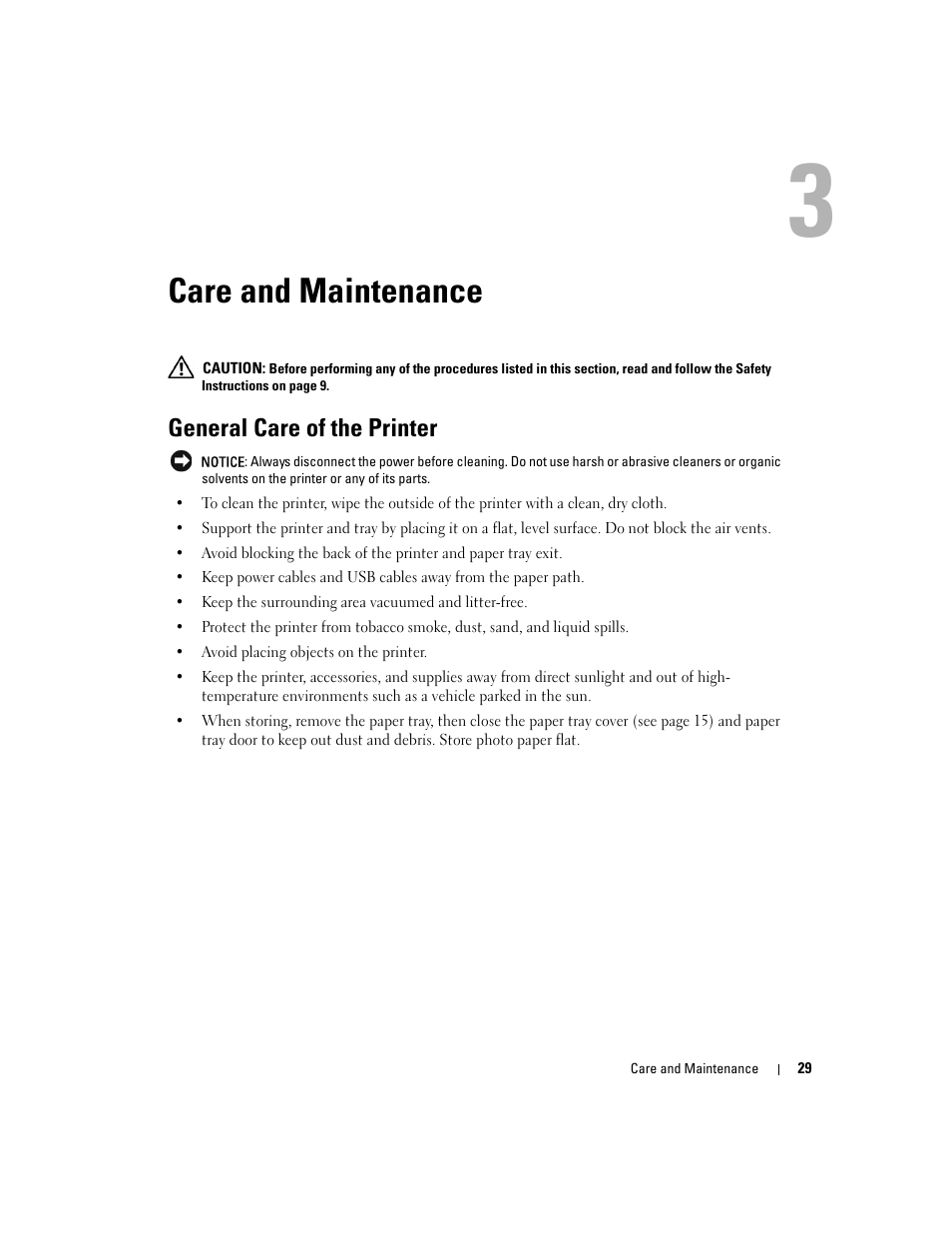 Care and maintenance, General care of the printer | Dell 540 Photo Printer User Manual | Page 29 / 76
