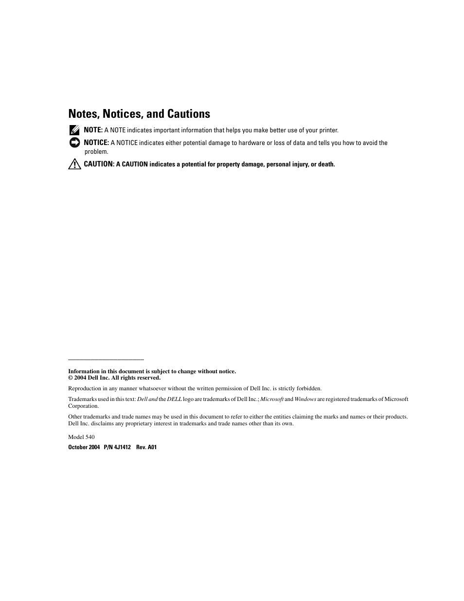Notes, notices, and cautions | Dell 540 Photo Printer User Manual | Page 3 / 76