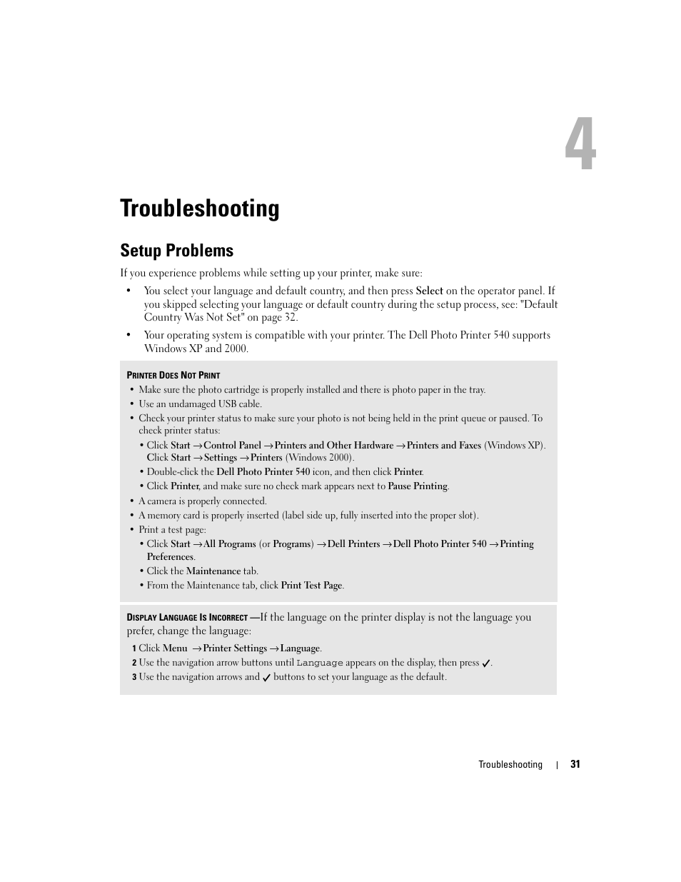 Troubleshooting, Setup problems | Dell 540 Photo Printer User Manual | Page 31 / 76