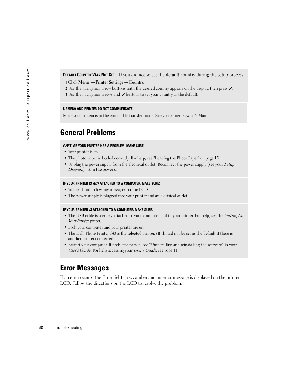 General problems, Error messages, General problems error messages | Dell 540 Photo Printer User Manual | Page 32 / 76