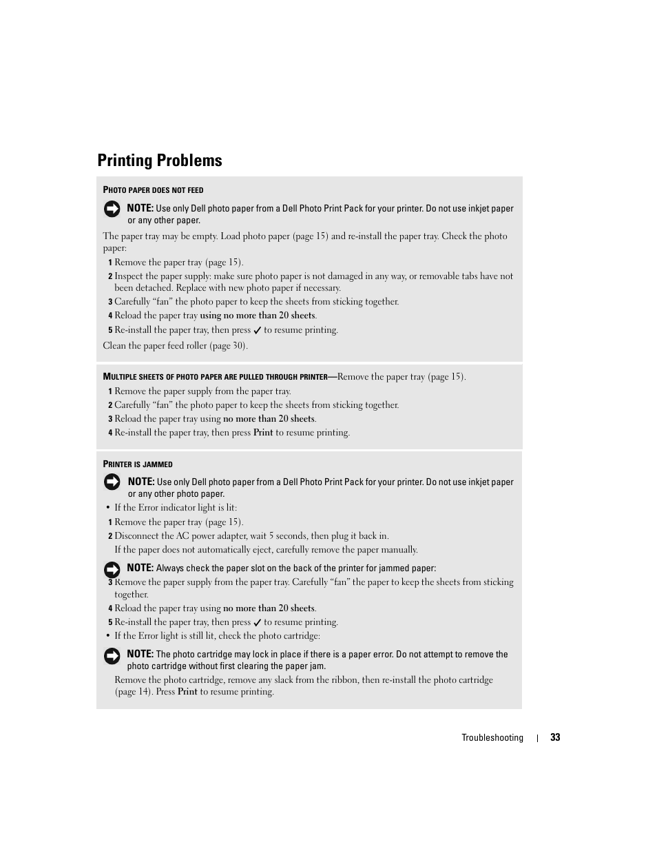 Printing problems | Dell 540 Photo Printer User Manual | Page 33 / 76