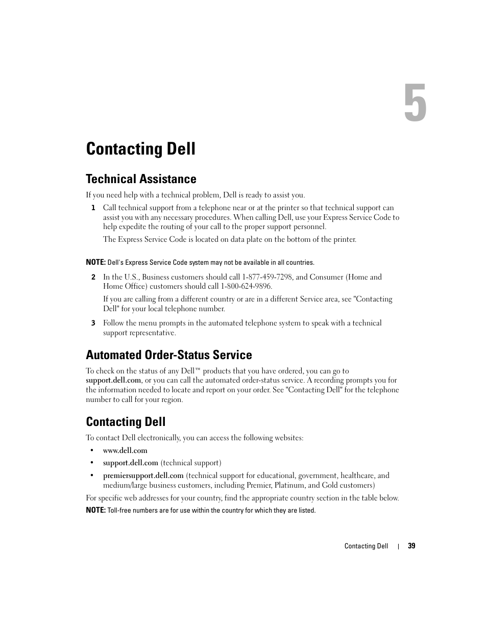Contacting dell, Technical assistance, Automated order-status service | Dell 540 Photo Printer User Manual | Page 39 / 76