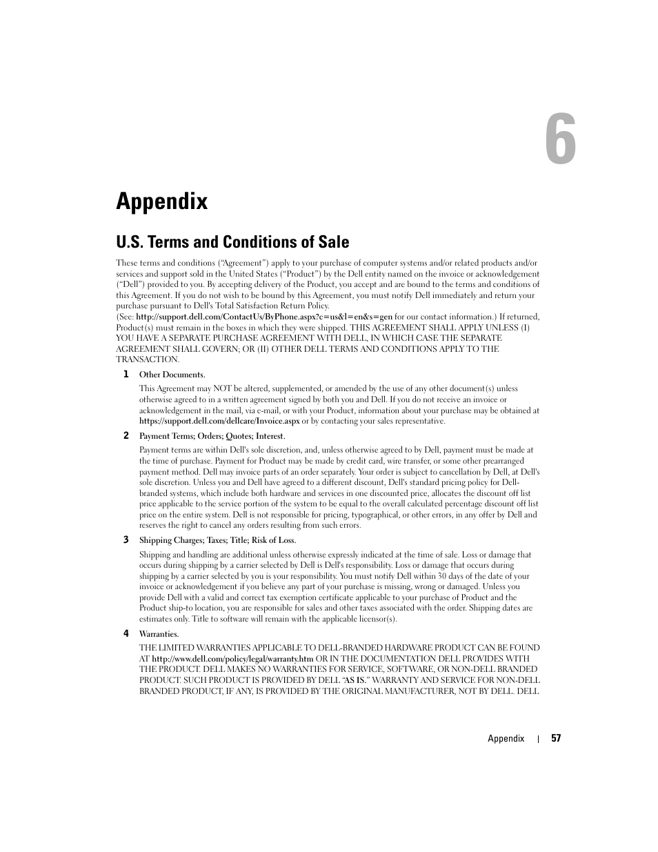 Appendix, U.s. terms and conditions of sale | Dell 540 Photo Printer User Manual | Page 57 / 76