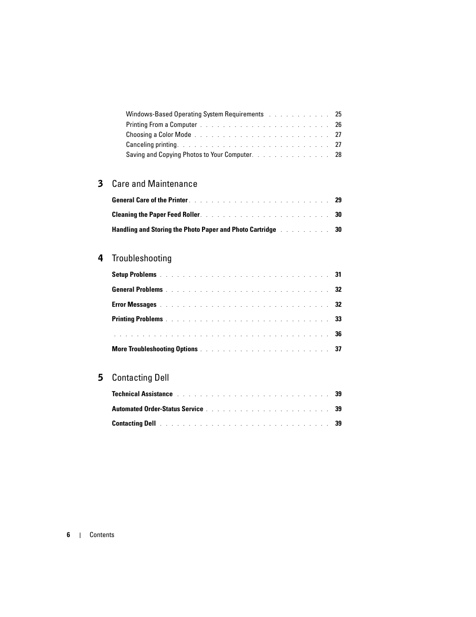 3care and maintenance, 4troubleshooting, 5contacting dell | Dell 540 Photo Printer User Manual | Page 6 / 76
