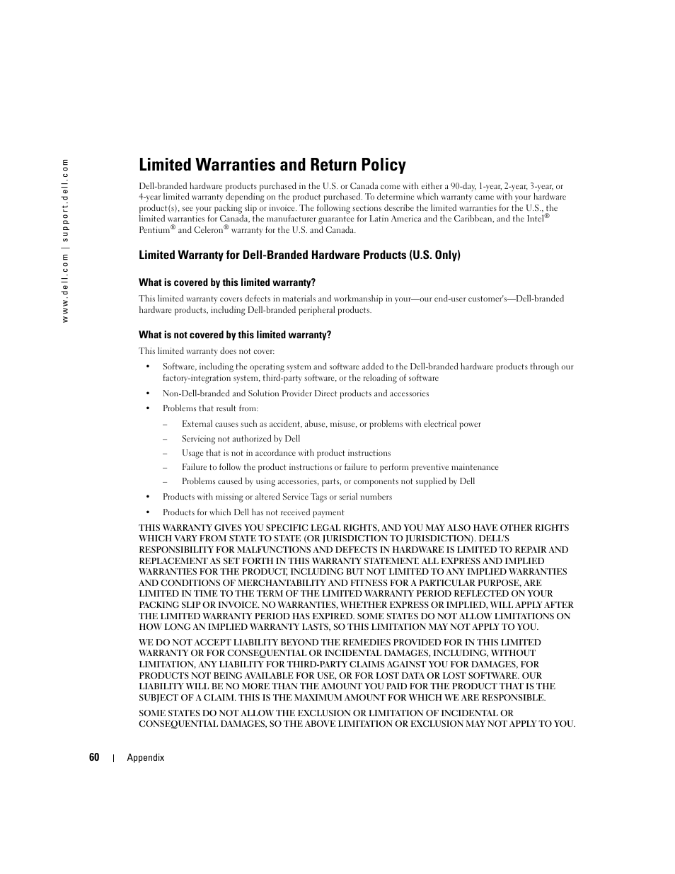 Limited warranties and return policy | Dell 540 Photo Printer User Manual | Page 60 / 76