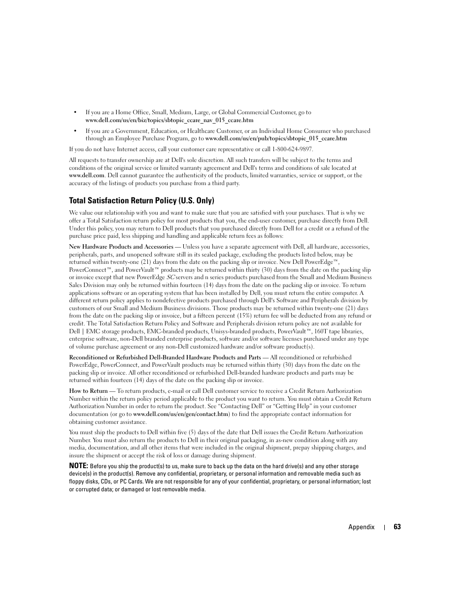 Total satisfaction return policy (u.s. only) | Dell 540 Photo Printer User Manual | Page 63 / 76