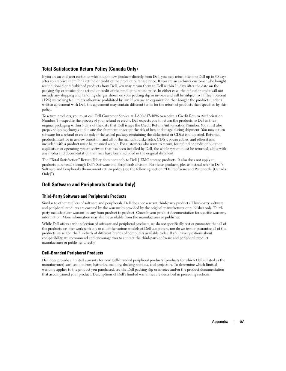 Total satisfaction return policy (canada only), Dell software and peripherals (canada only) | Dell 540 Photo Printer User Manual | Page 67 / 76