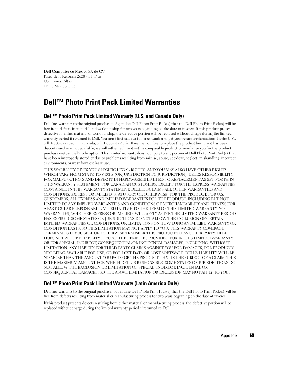 Dell™ photo print pack limited warranties | Dell 540 Photo Printer User Manual | Page 69 / 76
