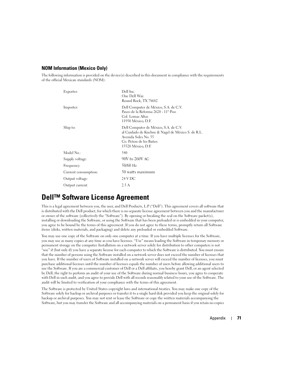 Nom information (mexico only), Dell™ software license agreement | Dell 540 Photo Printer User Manual | Page 71 / 76