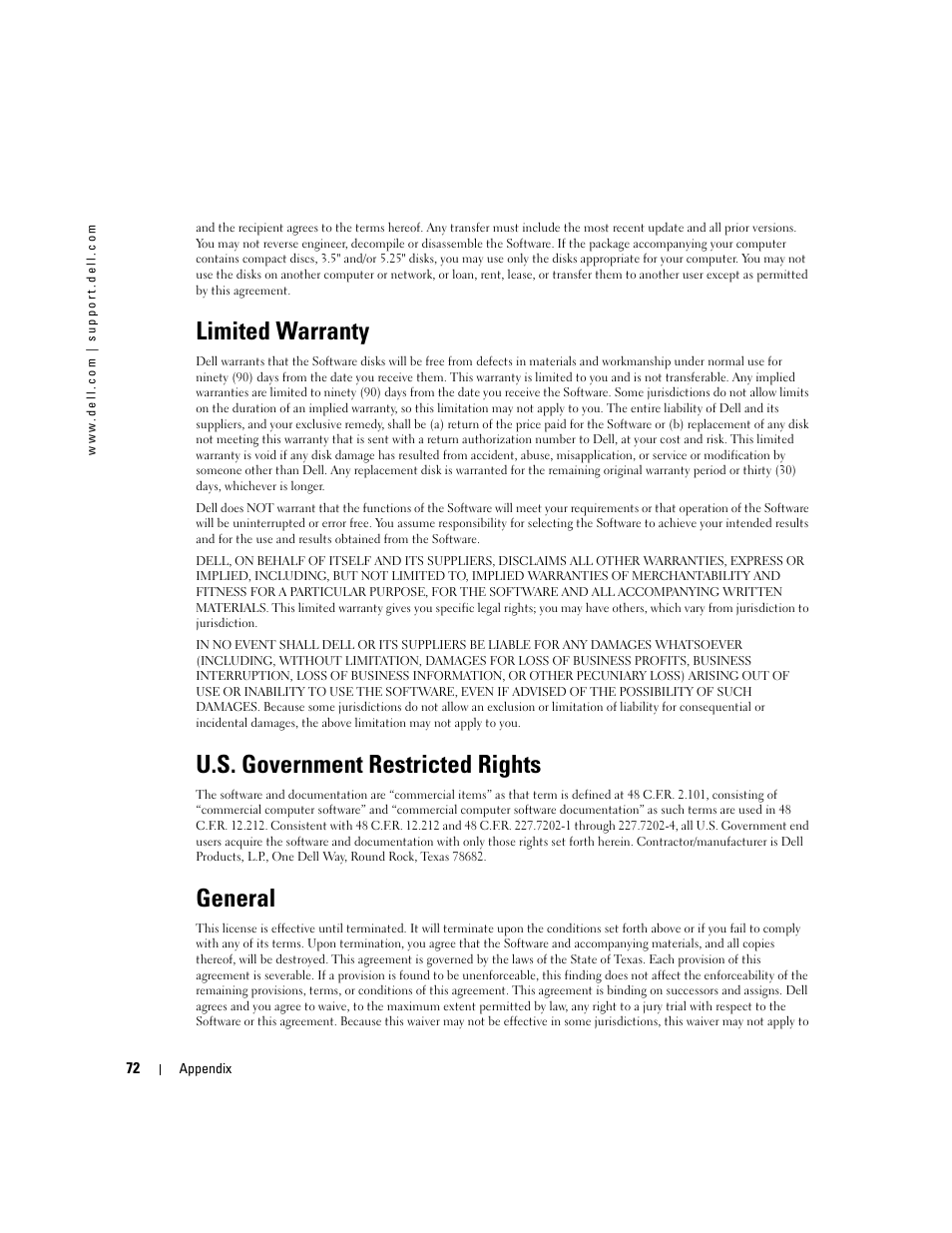 Limited warranty, U.s. government restricted rights, General | Dell 540 Photo Printer User Manual | Page 72 / 76