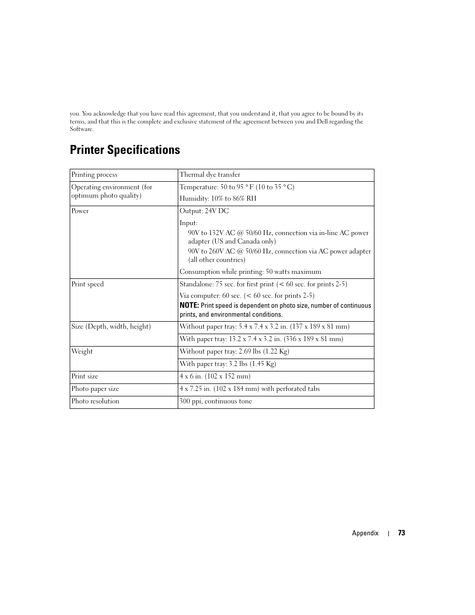 Printer specifications | Dell 540 Photo Printer User Manual | Page 73 / 76