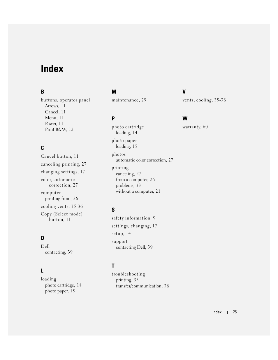 Index | Dell 540 Photo Printer User Manual | Page 75 / 76