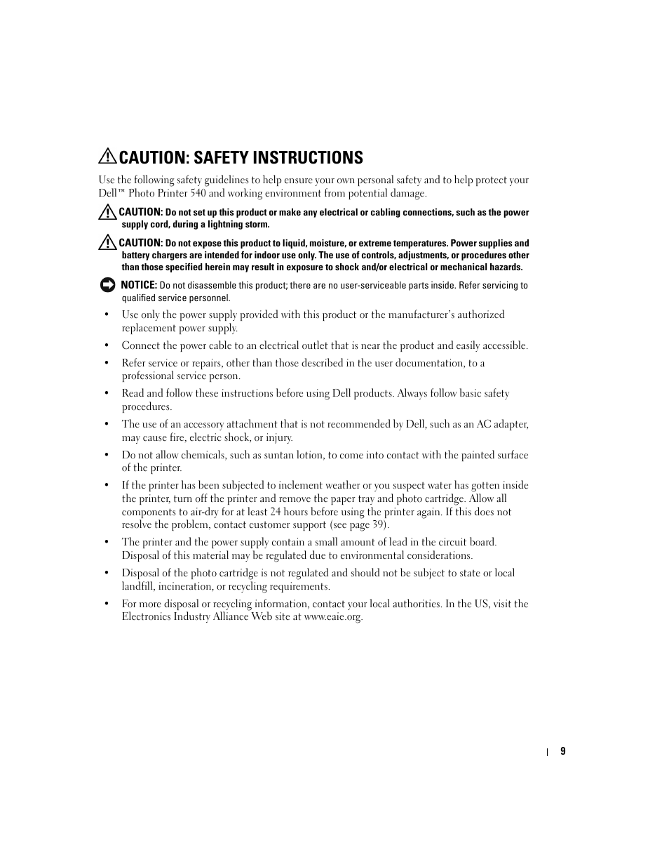 Caution: safety instructions | Dell 540 Photo Printer User Manual | Page 9 / 76