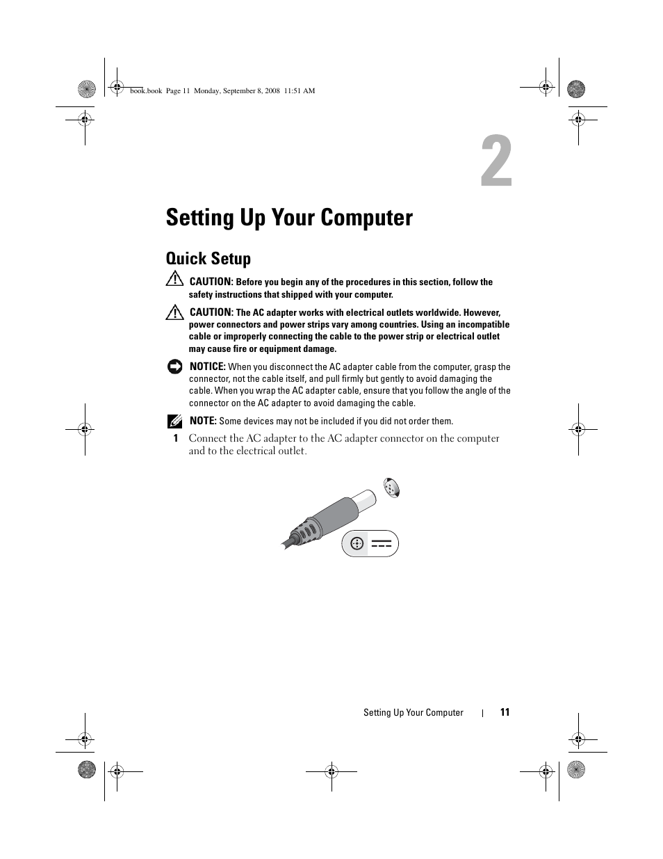 Setting up your computer, Quick setup | Dell Precision M6400 (Late 2008) User Manual | Page 11 / 54