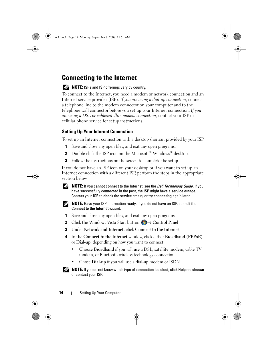 Connecting to the internet, Setting up your internet connection | Dell Precision M6400 (Late 2008) User Manual | Page 14 / 54