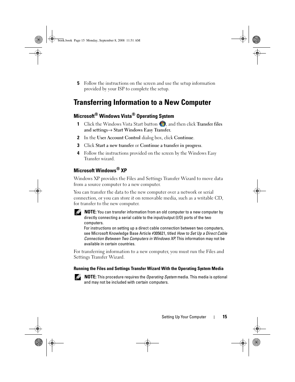 Transferring information to a new computer, Microsoft® windows vista® operating system, Microsoft windows® xp | Microsoft, Microsoft windows | Dell Precision M6400 (Late 2008) User Manual | Page 15 / 54
