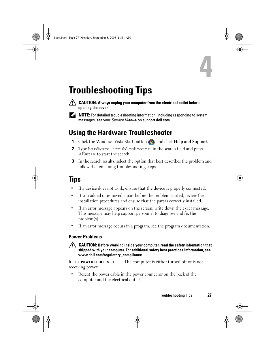 Troubleshooting tips, Using the hardware troubleshooter, Tips | Power problems | Dell Precision M6400 (Late 2008) User Manual | Page 27 / 54