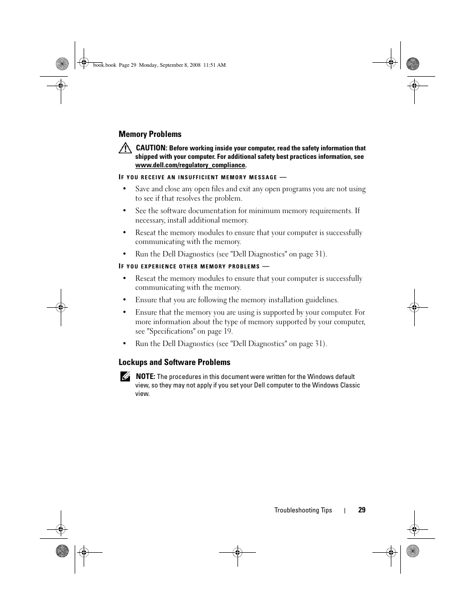 Memory problems, Lockups and software problems | Dell Precision M6400 (Late 2008) User Manual | Page 29 / 54