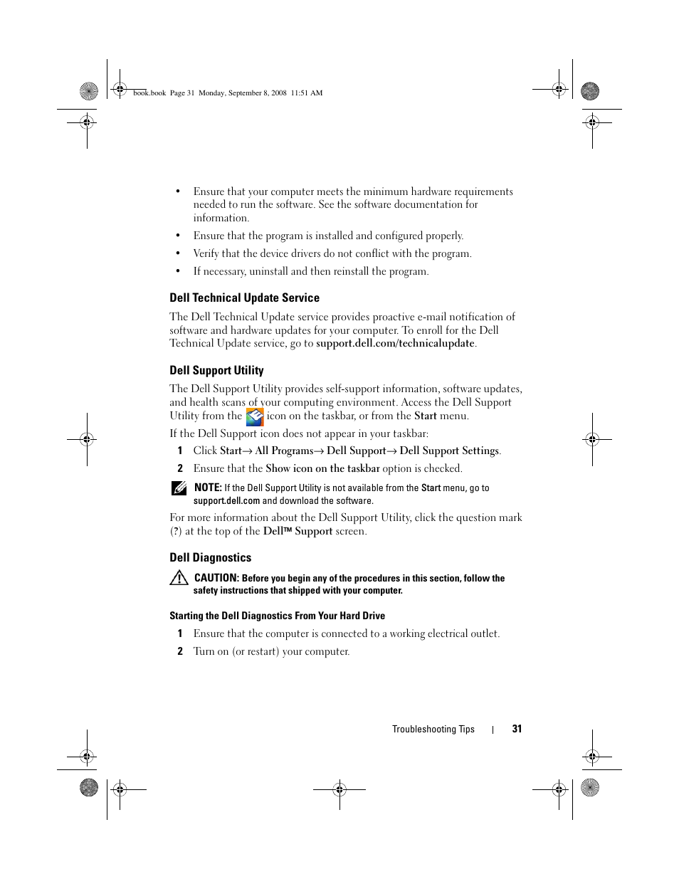 Dell technical update service, Dell support utility, Dell diagnostics | Dell Precision M6400 (Late 2008) User Manual | Page 31 / 54