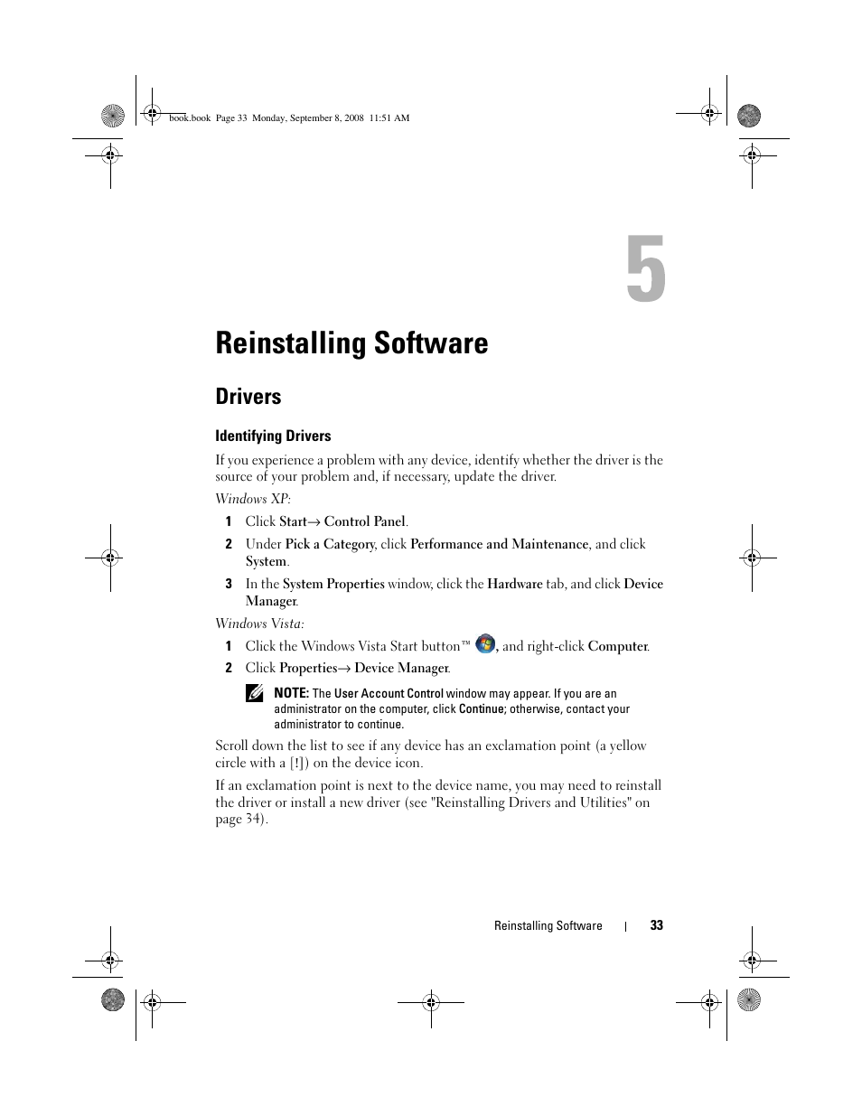 Reinstalling software, Drivers, Identifying drivers | Dell Precision M6400 (Late 2008) User Manual | Page 33 / 54