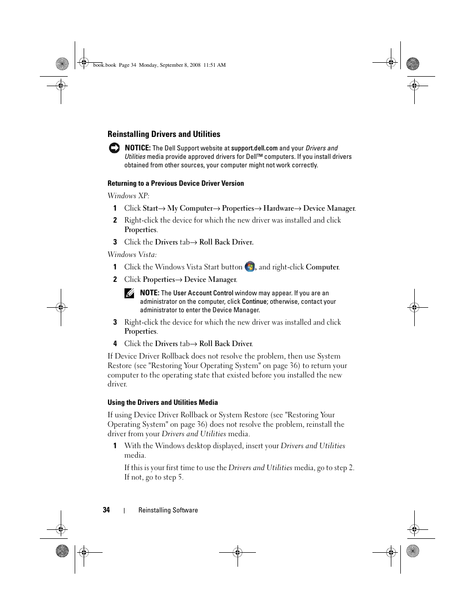 Reinstalling drivers and utilities | Dell Precision M6400 (Late 2008) User Manual | Page 34 / 54