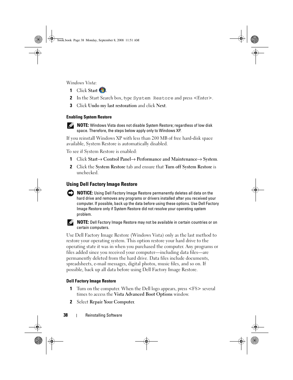 Using dell factory image restore | Dell Precision M6400 (Late 2008) User Manual | Page 38 / 54