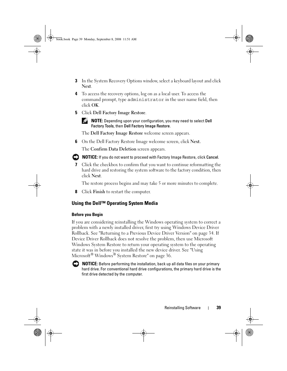Using the dell™ operating system media | Dell Precision M6400 (Late 2008) User Manual | Page 39 / 54