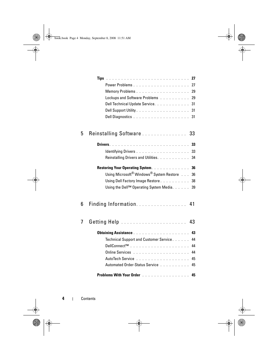 5reinstalling software, 6finding information, 41 7 getting help | Dell Precision M6400 (Late 2008) User Manual | Page 4 / 54