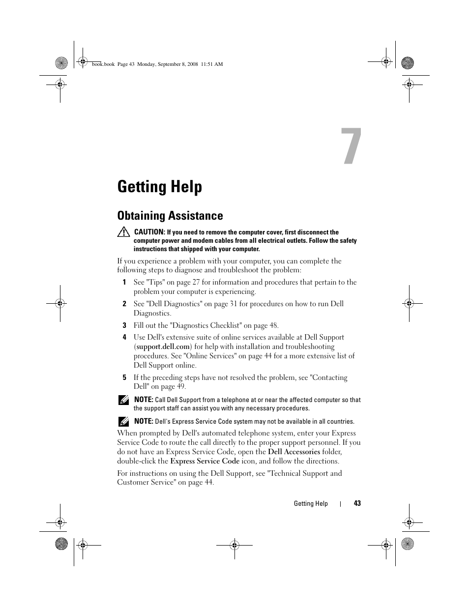 Getting help, Obtaining assistance | Dell Precision M6400 (Late 2008) User Manual | Page 43 / 54