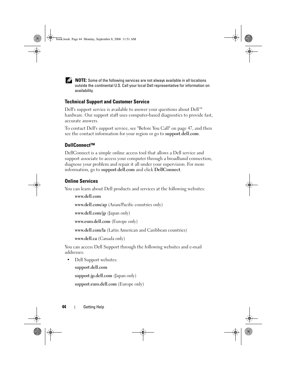 Technical support and customer service, Dellconnect, Online services | Dell Precision M6400 (Late 2008) User Manual | Page 44 / 54