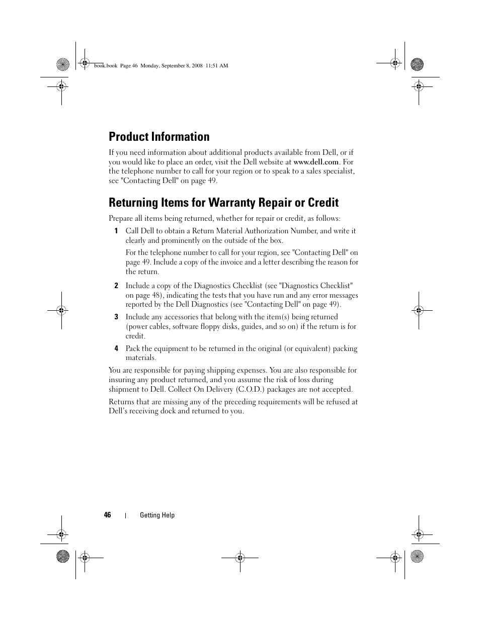 Product information, Returning items for warranty repair or credit | Dell Precision M6400 (Late 2008) User Manual | Page 46 / 54