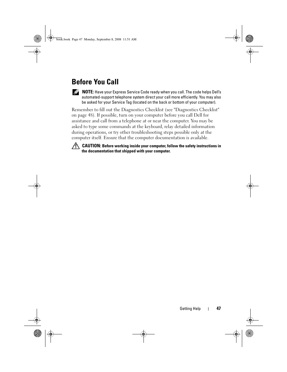 Before you call | Dell Precision M6400 (Late 2008) User Manual | Page 47 / 54