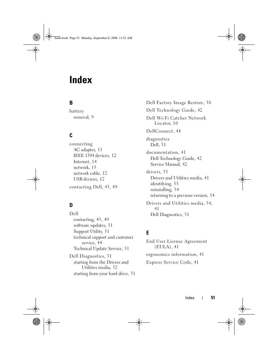 Index | Dell Precision M6400 (Late 2008) User Manual | Page 51 / 54