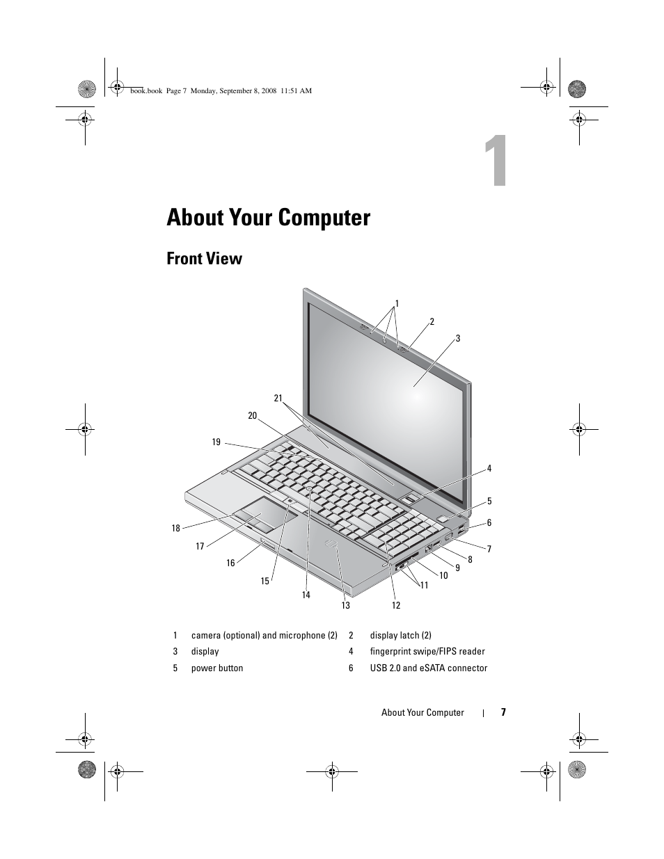 About your computer, Front view | Dell Precision M6400 (Late 2008) User Manual | Page 7 / 54