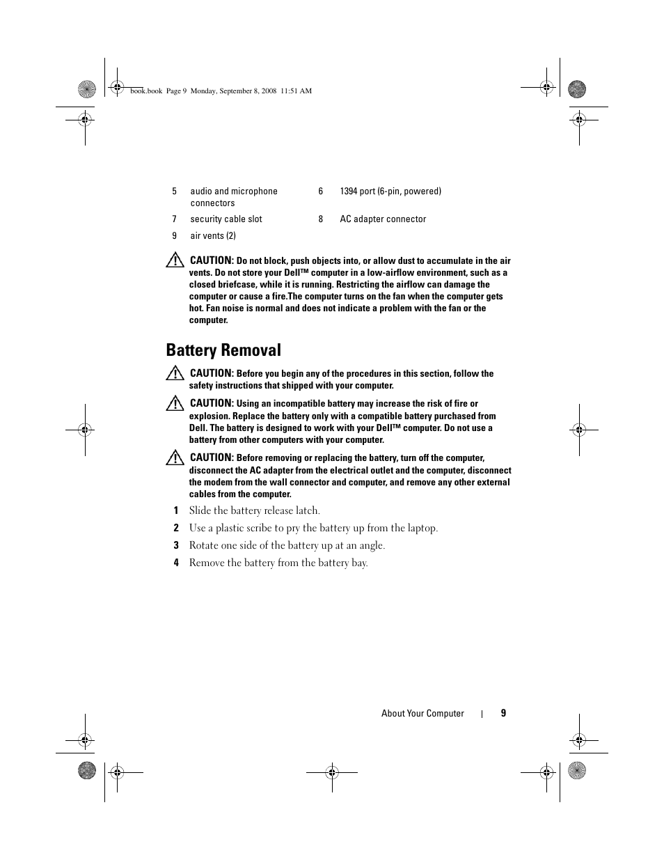 Battery removal | Dell Precision M6400 (Late 2008) User Manual | Page 9 / 54