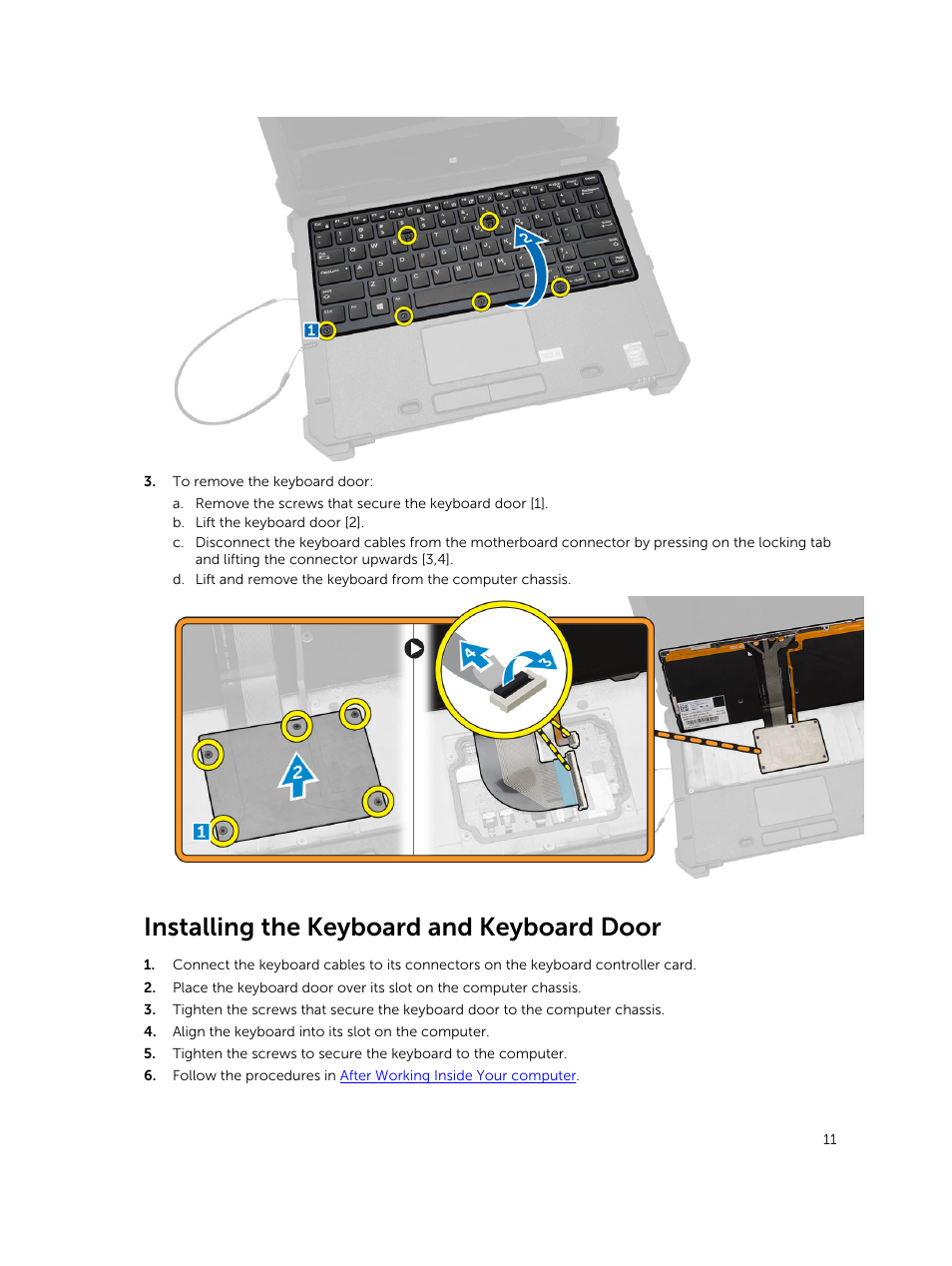 Installing the keyboard and keyboard door | Dell Latitude 12 Rugged Extreme (7204, Early 2014) User Manual | Page 11 / 58